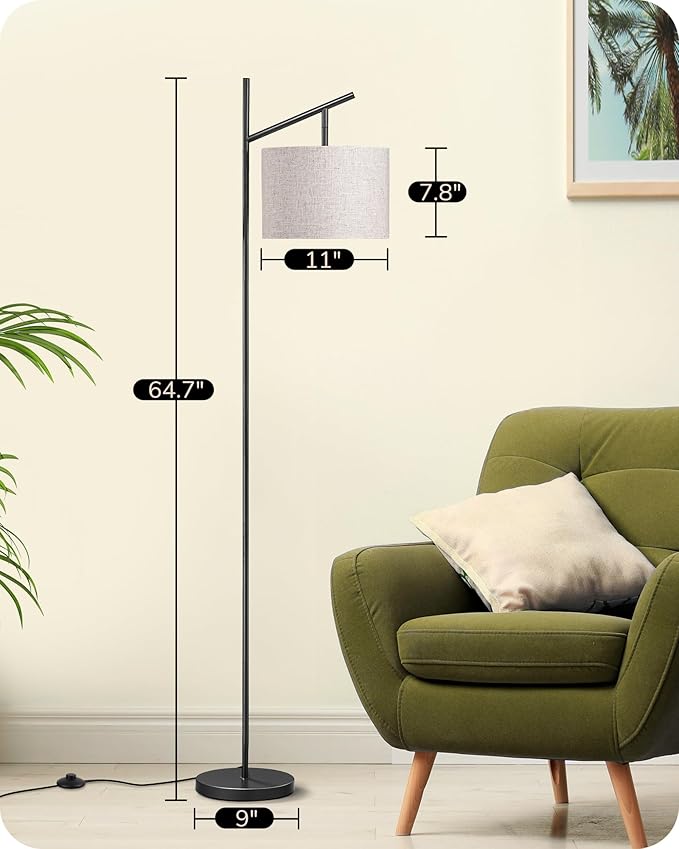 EDISHINE Modern Floor Lamps for Living Room, 64.7" Minimalist Standing Lamp with 3 Color Temperatures Bulb & Adjustable Linen Shade, Foot Pedal Switch, Arc Tall Lamp for Bedroom Office, Black