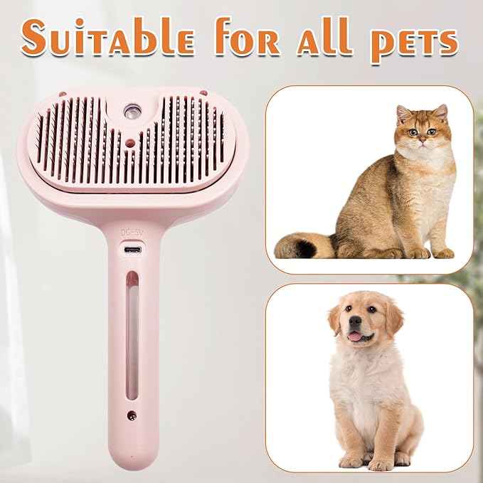 Cat Steam Brush with Release Button, Pet Spray Brushes for Shedding & Grooming, Mist Comb for Pet Long Short Haired, Steamy Brush for Cats Removing Loose Fur and Massage (Pink)