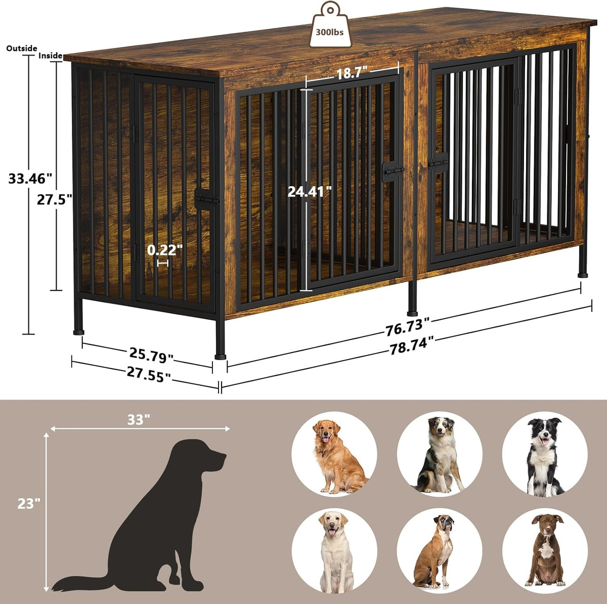 EasyCom 78 Inch Dog Crate Furniture for 2 Dogs, Extra Large Double Dog Cage Large Breed, XXL Thick Wooden Dog Crate TV Stand, Sturdy Dog Kennel with Divider