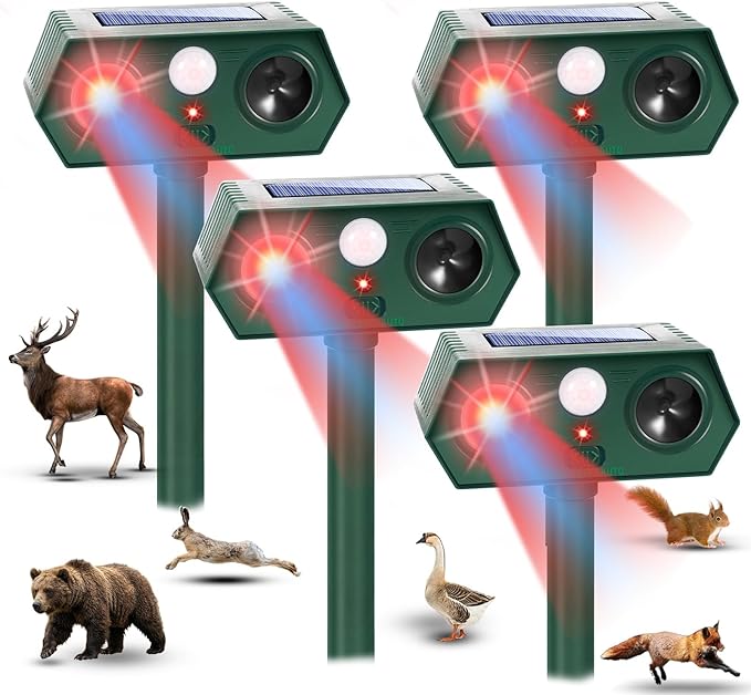 2026 Upgraded Solar Ultrasonic Animal Repellent Outdoor,4Pack Waterproof Deer Repellent Devices with Motion Sensor for Yard,Cat Repellent with Red&Blue LED Flash Lights to Scare Rabbit (Plastic, 4)
