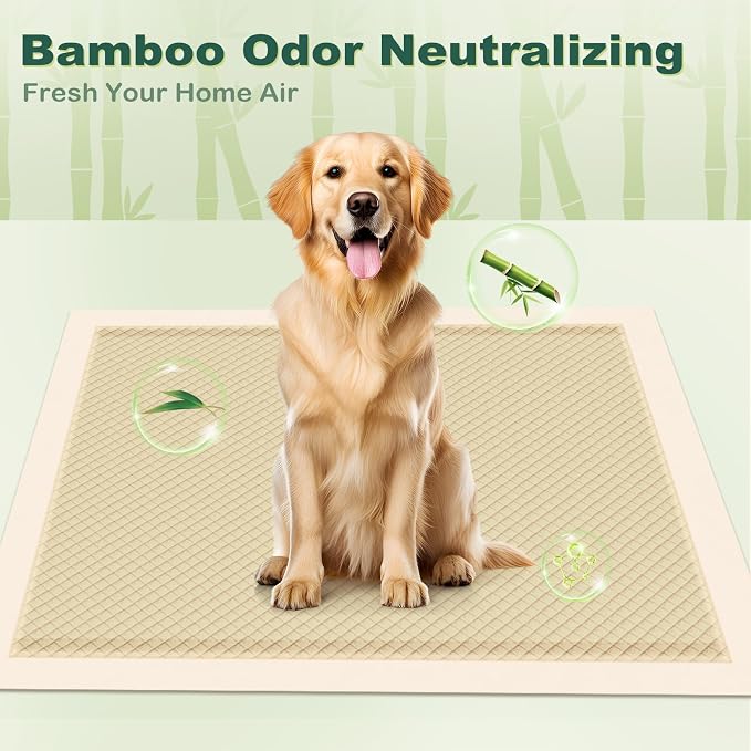 MIZOK Bamboo Dog Pee Pads Highly Absorbent No Leak XXL 36x36in 100Ct | Thick Bamboo Fibers Instantly Absorb Liquid and Neutralize Bad Odors Keeping Your Indoor Living Space Clean and Leak Proof