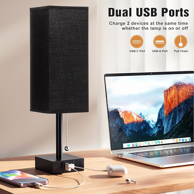 Bedside Table Lamps Set of 2 - Black Bedroom Lamps with 3 Color Temperatures (3000K/5000K/4000K), Two Square Nightstand Lamps with USB C + A Charging Ports, Pull Chain Small Night Light for End Table