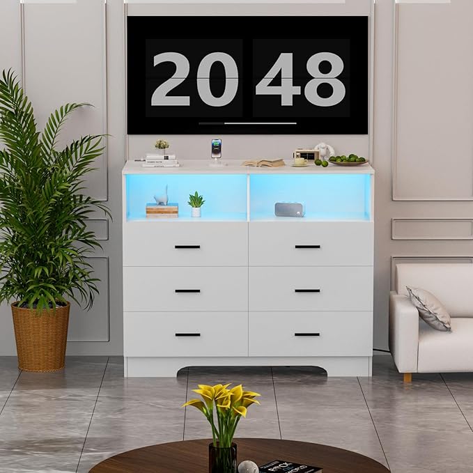 Dresser with Power Outlets and LED Lights Wooden 6 Drawer Dresser with Large
