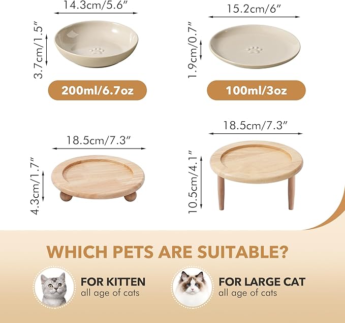 Raised Ceramic Wide Whisker Friendly Cat Dishes, Food&Water Bowl with 2 Style Stand Adjustable Pet Bowl Set(1Dish+1Shallow Dish+Stand