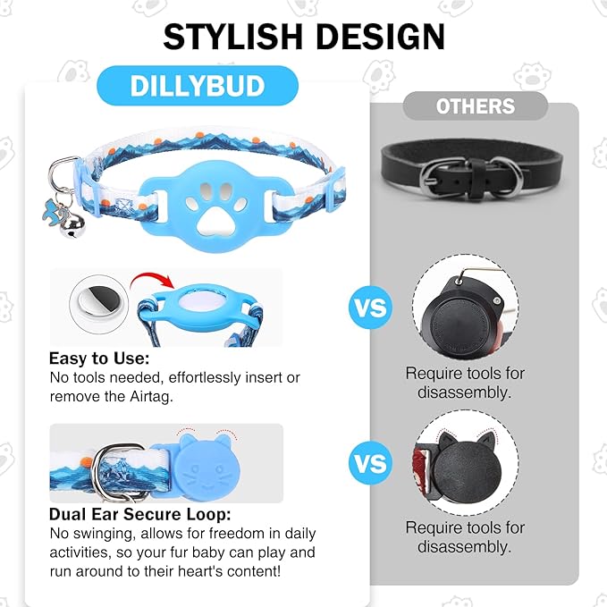 Airtag Cat Collar Breakaway, Cute GPS Cat Tracker Collars with Air Tag Holder, Safety Cat Collars with Bell & Pendant for Girl Boy Cats, Blue