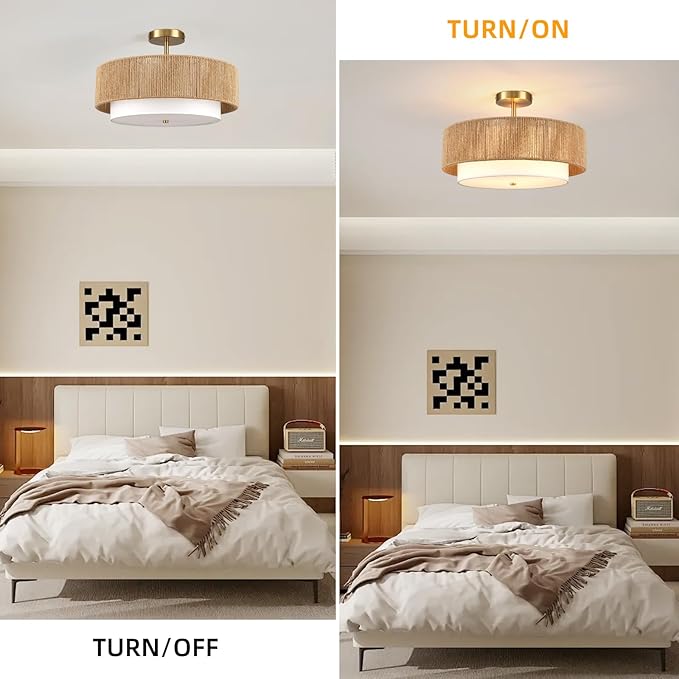 Boho Semi Flush Mount Ceiling Light Rattan Ceiling Light 18" Farmhouse Ceiling Lamp with Natural Hemp Rope Fabric Lampshade for Dining Room Living Room Bedroom Kitchen