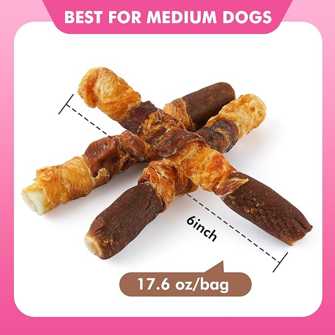 Dog Treats, Triple Flavor 6 Inch Rawhide Rolls, Chicken Duck and Chicken Liver Wrapped Rawhide Dog Chews, Suitable for Medium Dogs, 17.6 oz