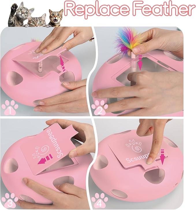 Interactive Cat Toy, Electric Cat Toys for Moving Concealed Feathers, Smart Sensor 7 Holes Whack a Mole Feather Toy, USB Charge Automatic Kitten Toys, Pink