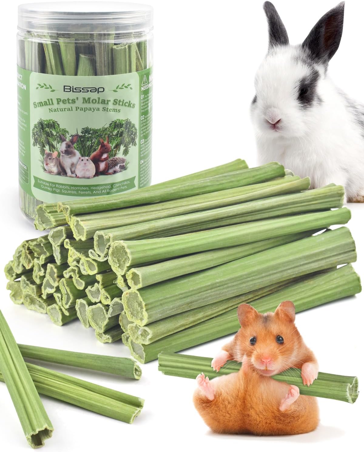 Bissap 50PCS Rabbit Chew Sticks, Natural Papaya Stems Bunny Chews Treats for Rabbits Hamsters Chinchillas Guinea Pigs Small Animals Organic Molar Chewing Snack