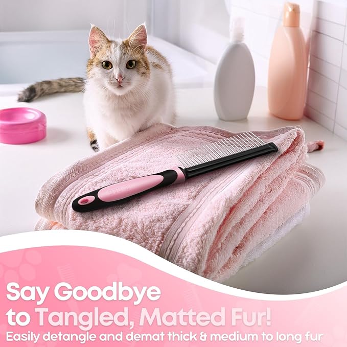 Flexzion Dog Comb - Pet Cat Grooming Trimmer Brush Stainless Steel Blade for Small Animal Puppy Matted Tangles Hair Cutting Removing Tool with Rounded Teeth Needle Soft Grip Handle (Pink)