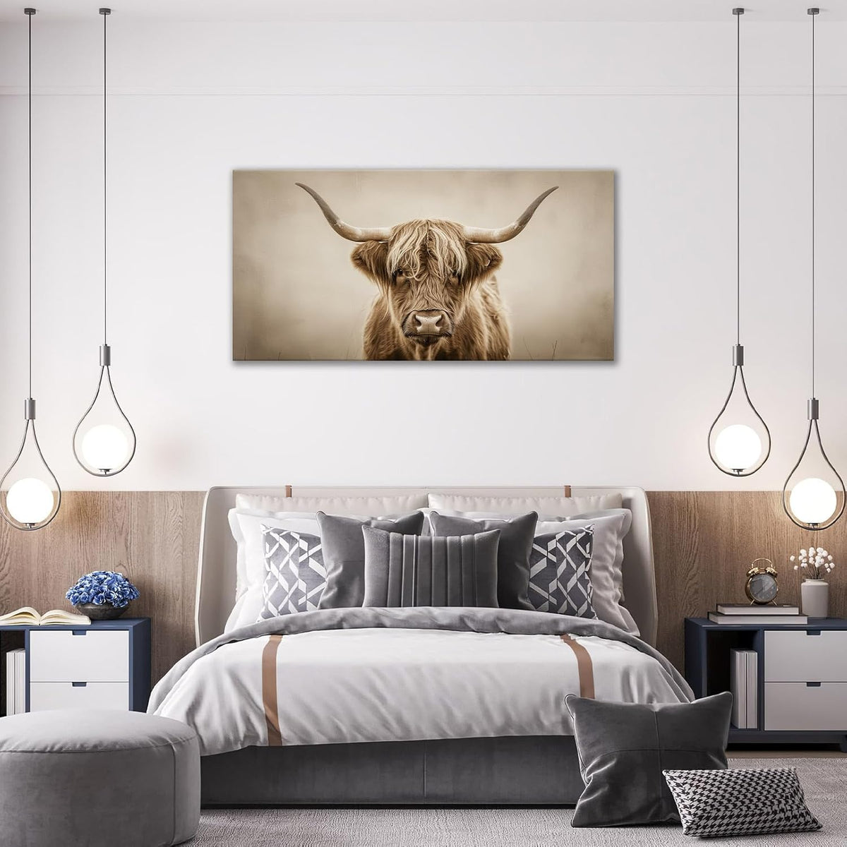 Large Highland Cow Wall Art Farmhouse Country Extra Canvas Living Room Oversize Western Cattle Wall Decor Pictures Framed Prints Animal Painting Artwork for Bedroom Dining 60"x30"