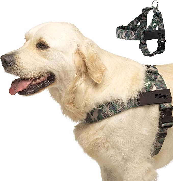 Dog Friendly Co. Dog Harness for Small Dogs (Green Camo, Small) | One Click Buckle, Chafe Resistant Webbing, Adjustable Neck & Chest, and Heavy Duty D-Ring, Sturdy Comfortable and Easy to Use