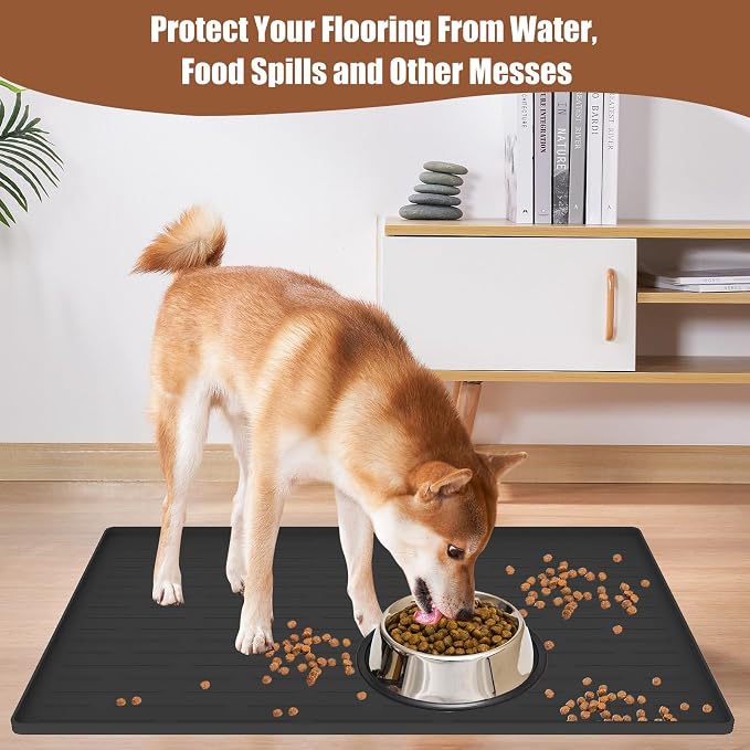 24"x16" Large Dog Food Mat, Silicone Dog and Cat Mats for Food and Water Bowls, Waterproof Raised Edge Pet Feeding Mat for Contain Spills Protects Floors, Multiple Colors & Sizes for Pets, Dark Gray