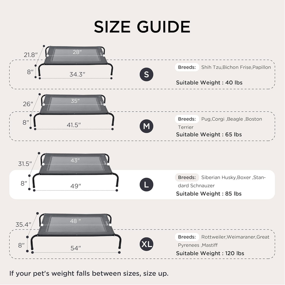 Bedsure Outdoor Elevated XL Dog Bed, Portable Indoor & Outdoor Cooling Raised Cot Pet Hammock Bed with Skid-Resistant Feet, Frame with Breathable Mesh, Grey, 54 inches