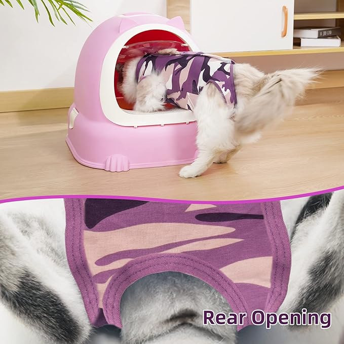 New Professional Cat Recovery Suit After Surgery as E-Collar Alternative, Kitten Recovery Suit for Spay to Cover Abdominal Wounds, Camouflage Apparel Anti-Licking Cat Onesie (S, Purple)