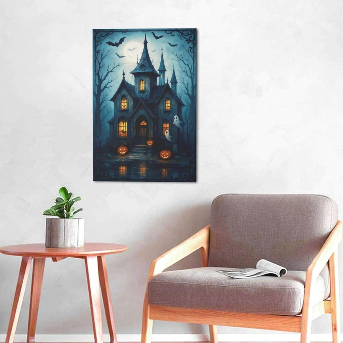 Halloween Gothic Wall Art Castle Pumpkin Ghost Bat Canvas Wall Decor Dark Academia Pictures Painting Print Framed Artwork Decorations Gifts for Halloween Living Room Bedroom Office 16"x24"