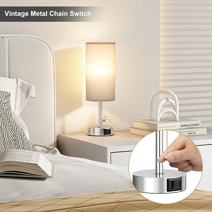 Grey Table Bedside Lamp for Bedroom Nightstand - Small Silver Lamp with USB A + C Charging Port, 3 Color Temperatures Pull Chain Night Stand Light with Bulb, Side Table Desk Lamp for Living Room