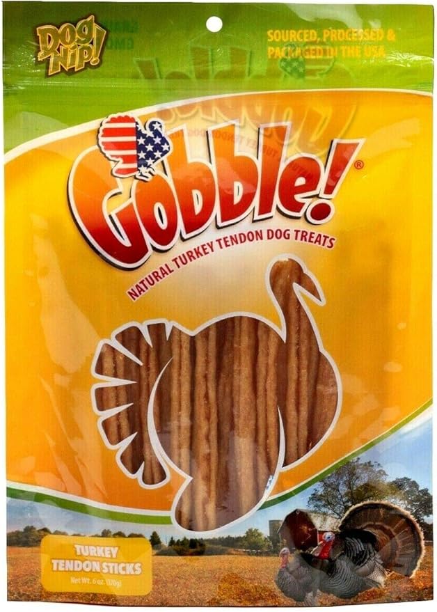 Gobble! 6-Inch Turkey Tendon Sticks for Dogs, Made in USA, 6 oz. (170g) Reseal Value Bags, All-Natural Hypoallergenic Dog Chew Treat |Sourced, Processed & Packaged in The USA | (22-25 Pieces)