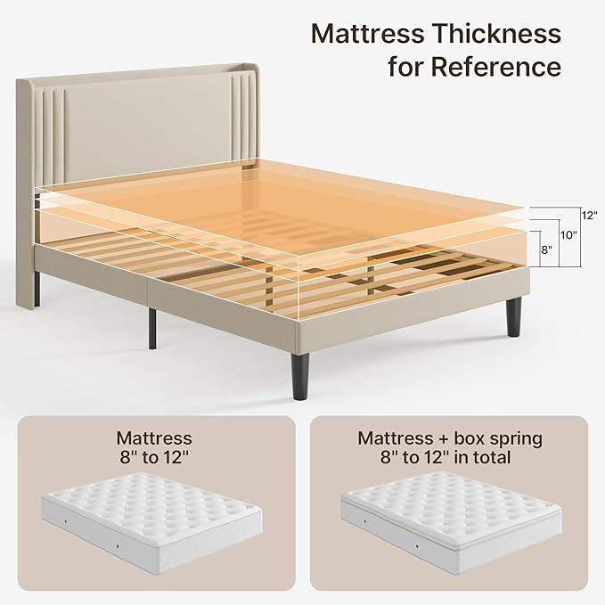 Gizoon Queen Bed Frame with Charging Station and LED Lights,Upholstered Wingback Platform Bed with Wooden Slats,Noise-Free,No Box Spring Needed