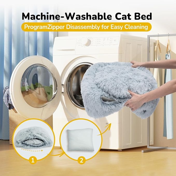 CATISM Cat Bed, Cat Cave for Indoor Cats, Soft Cat Dome, Self-Warming 2 in 1 Foldable Pet Cat House with Washable Cushioned Pillow Calming Fluffy Dog Beds for Small Dogs with Anti-Slip Bottom Gray