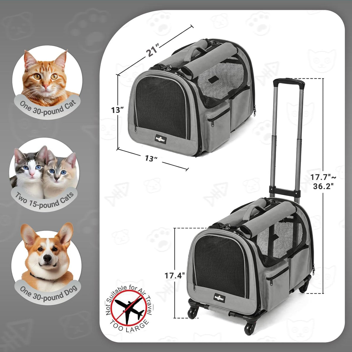 Large Pet Carrier with Wheels, Foldable Rolling Dog Carrier with Wheels and Big Pocket, Cat Rolling Bag 21"x13"x13" for 2 Cats &Dogs, for Travel, Outdoor, Vet Visits, Camping, Indoor. Gray