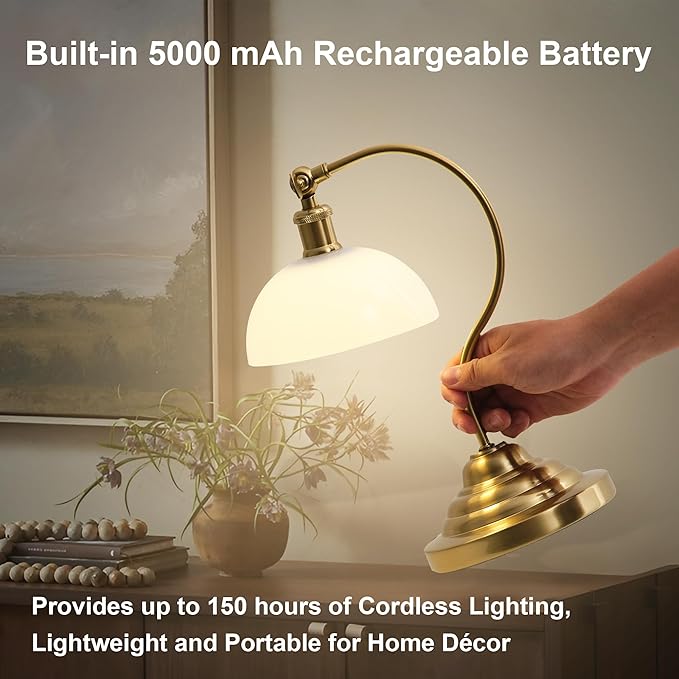 Cordless LED Table Lamp Set of Two, Swing Arm Desk Lamp, Battery Operated,Dimmable/3 Color,Modern Rechargeable Table Light for Living Room,Bedroom,Bedside, White Glass Shade, Brass