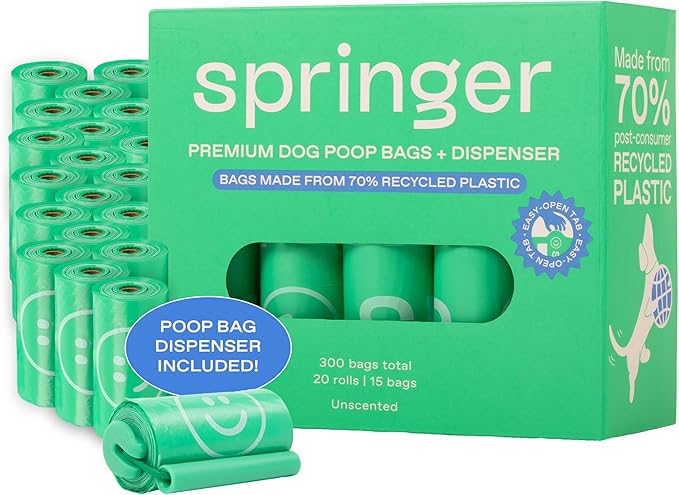 Springer Premium Dog Poop Bags with Dispenser Holder Included, 300 Count, Leak Proof and Thick Waste Bag Refill Rolls, Unscented, Made from Recycled Plastic with Easy to Open Tab