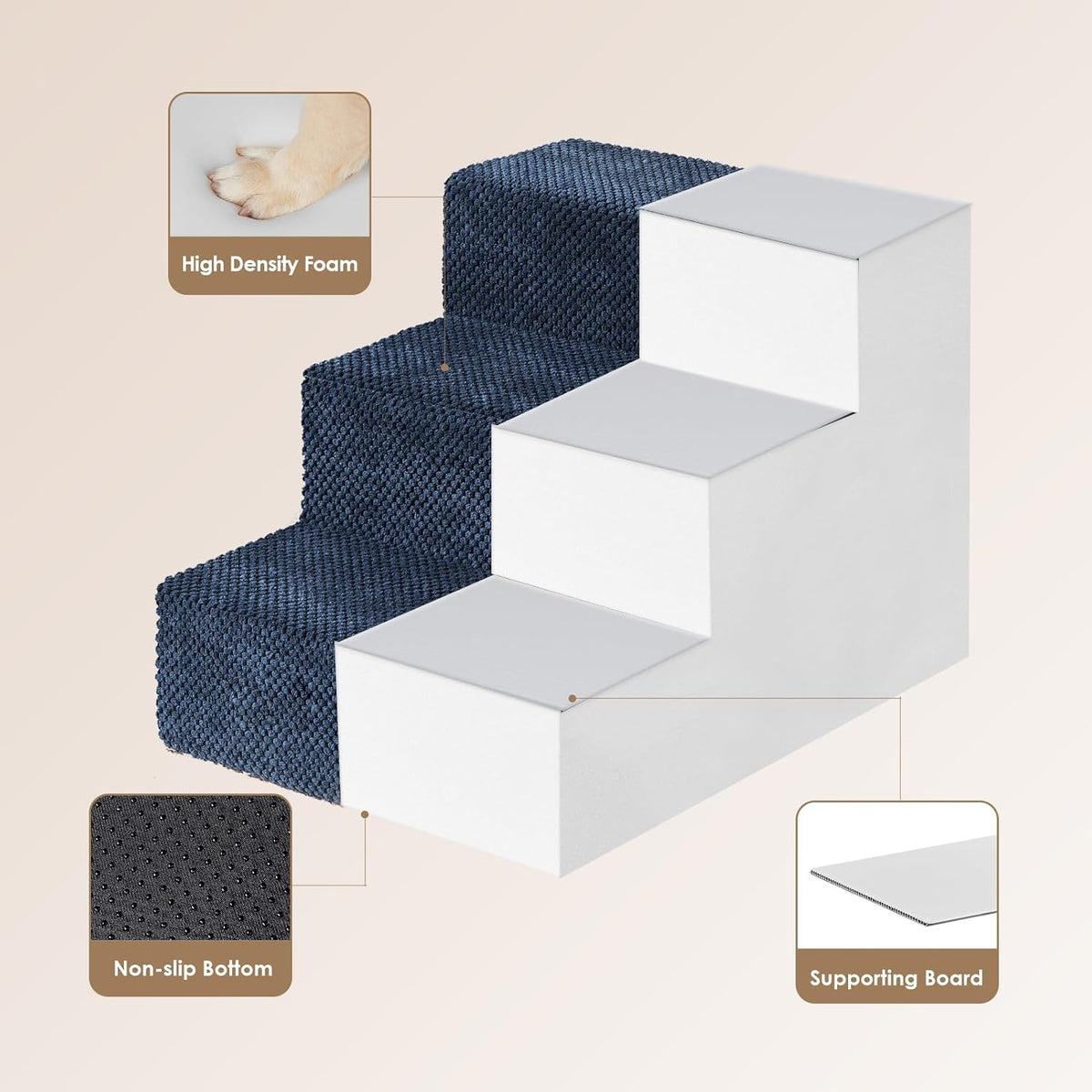 EHEYCIGA Dog Stairs for Small Dogs 13.5" H, 3-Step Dog Steps for Couch Sofa and Chair, Pet Steps for Medium Cats, Non-Slip Balanced Pet Ramp Indoor, Navy Blue
