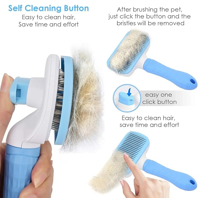 Generic Pet Grooming Brush, Blue - Self Cleaning Hair Brush for Dogs and Cats, Removes Loose Undercoat, Bristles with Massage Particles, Ergonomic Handle, For Long or Short Hair Breeds