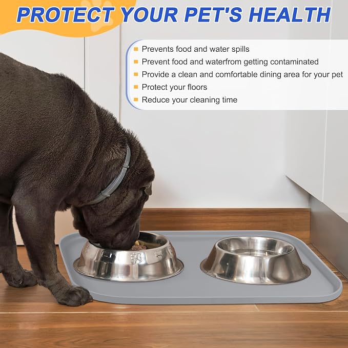 SMILOOL Waterproof Silicone Pet Food Mat with Raised Edge for Dog & Cat | 24" x 16" Non-Slip Pet Feeding Mats with Lip for Food & Water Bowl, Food Grade, Easy Cleaning, Light Gray