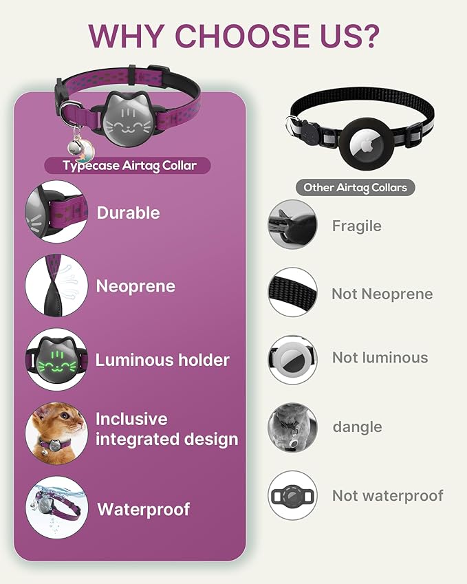 Waterproof Airtag Cat Collar, Breakaway Cat Airtag Collar with Luminous & Reflective Pattern Strap, Lightweight Kitten Collars for Apple Air tag, Hidden Holder for GPS Tracker - Cats, Kittens (9-13")