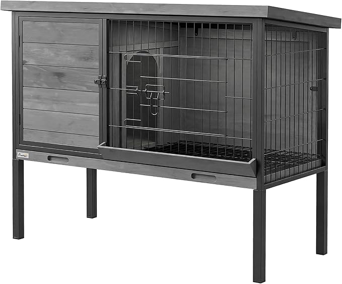 PawHut Elevated Rabbit Hutch Outdoor, Wooden Rabbit Cage Bunny House with Pull-Out Tray and Openable Plastic Roof for Indoor Outdoor, Light Gray