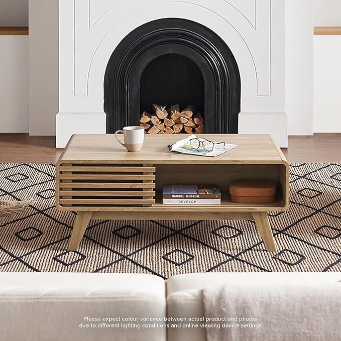 mopio Ensley Coffee Table with Storage, Mid Century Modern, Farmhouse Wood Coffee Table for Living Room Fluted (Oak)