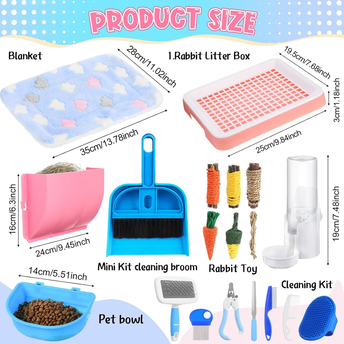 19 Pcs Rabbit Starter Kit Small Bunny Litter Box Rabbit Grooming Kit Water Bottle Bunny Toys Hay Feeder Bowl Blankets with Cleaning Set for Guinea Pig Accessories (Pink-White,Strawberry Bear)