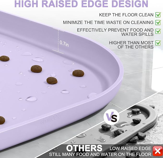 SMILOOL Waterproof Silicone Pet Food Mat with Raised Edge for Dog & Cat | 19" x 12" Non-Slip Pet Feeding Mats with Lip for Food & Water Bowl, Food Grade, Easy Cleaning, Light Purple