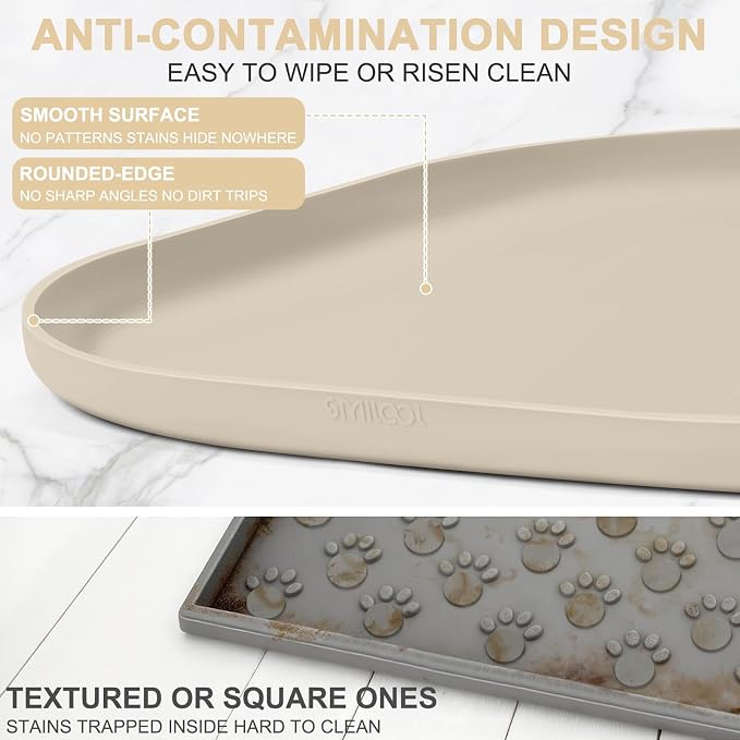 SMILOOL Waterproof Silicone Pet Food Mat with Raised Edge for Dog & Cat | 24" x 16" Non-Slip Pet Feeding Mats with Lip for Food & Water Bowl, Food Grade, Easy Cleaning, Beige