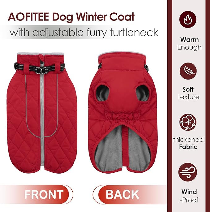 AOFITEE Large Dog Winter Jacket, Waterproof Dog Coat with Back Zipper, Reflective Puffer Coat Pet Snowsuit, Warm Winter Snowsuit for Large Dogs, Snow Jacket for French Bulldog