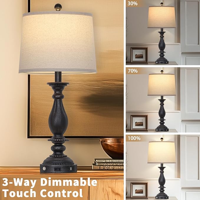 28" Tall Farmhouse Table Lamps for Living Room Set of 2,Vintage Rustic Black Bedside Touch Lamp with USB C+A Ports & AC Outlet, 3-Way Dimmable Resin Nightstand Lamp for Bedroom Entryway Office