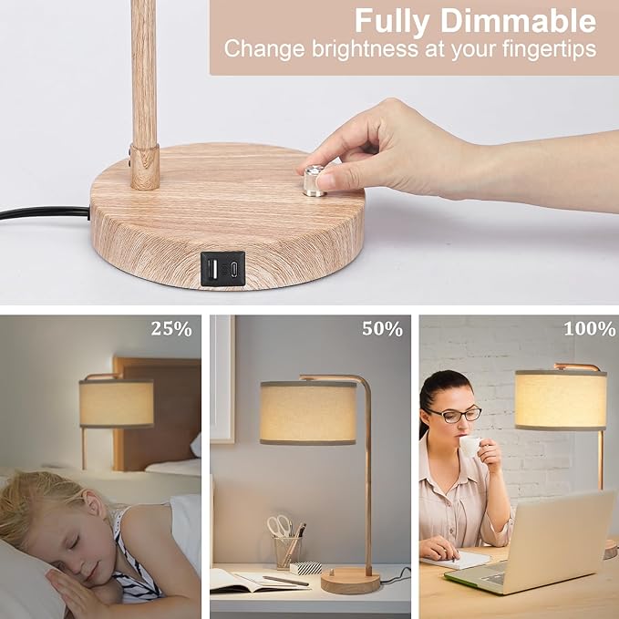 Farmhouse Table Lamp, Fully Dimmable Bedisde Nightstand Lamp with USB C+A Charging Ports, Modern Tall Table Lamp Desk Reading Lamp for Living Room, Bedroom, Office, 9W LED Bulb Included
