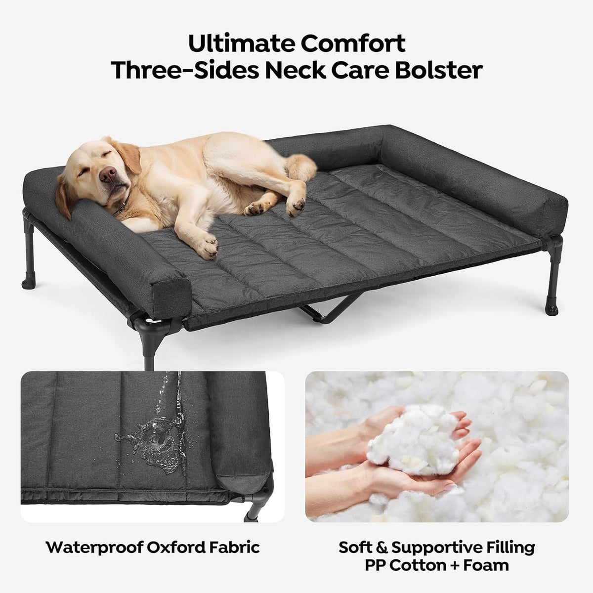 Veehoo Cooling Elevated Dog Bed Add Removable Waterproof Bolster Cushion Mat, Raised Pet Cot with Breathable Teslin Mesh, No-Slip Feet, Dog Sofa Bed for Indoor Outdoor, XLarge, Black CWC2331B