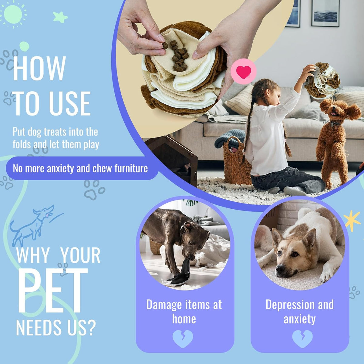 Pet Snuffle Ball, Puzzle Sniffing Interactive Dog Ball for Blind Dogs Training Stress Relief Dog Enrichment Toys Treat Machine Washable (15cm, Milk Tea Brown)