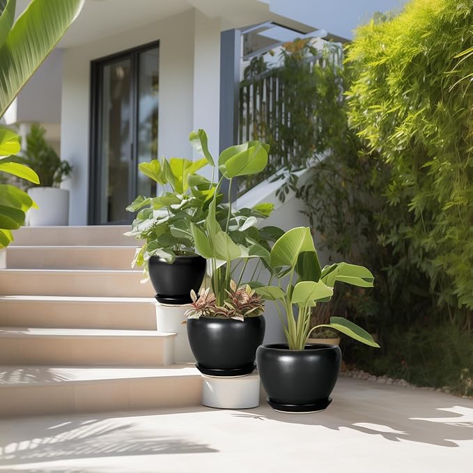 Ceramic Planters Pots - 10 Inch 8 Inch 6 Inch Plant Pots Indoor with Drainage Holes and Saucers Large Planters Mid-Century Flower Pots Outdoor Set of 3 Black