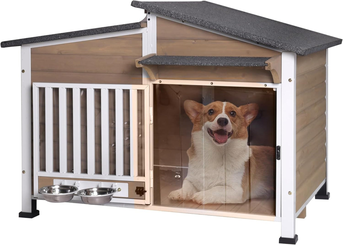 GUTINNEEN Dog House Outdoor with Anti-Chewing Metal Frame, Wooden Dog Kennel with 360° Rotating Feeding Bowl, Weatherproof Roof, for Indoor & Outdoor Use - Brown