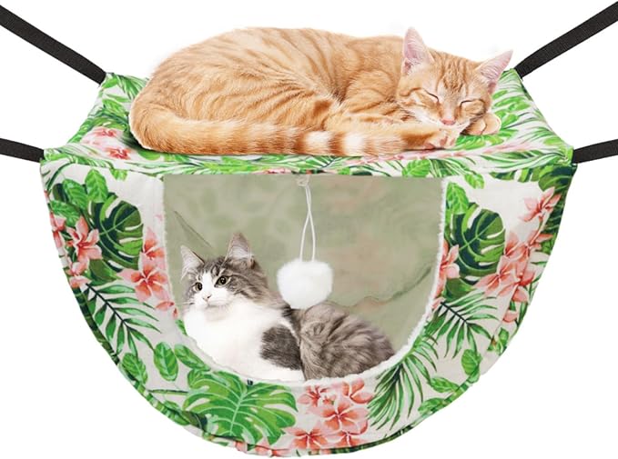 JSPYFITS Cat Cage Hammock with Ball,Double Layer Hanging Adjustable Soft Pet Bed Suit for Kitten Ferret Puppy Rabbit or Small Pet, 2 Level Indoor Bed for All Season(INS Green Leaves)