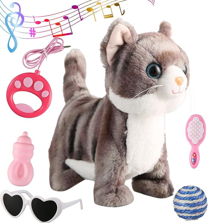 Gray Walking Cat Set Singing That Purrs and Meows Animated Plush Robot Kitten with Leash Moving Plush Stuffed Animal Remote Control Cute Kawai Robotic Kitty Electronic Kitten Toy for Girl Kid