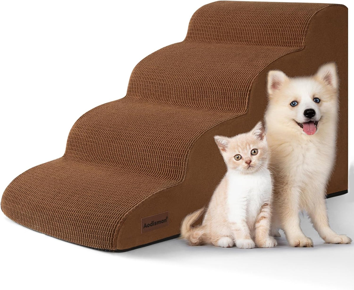 4-Step Dog Stairs and Ramp for Beds or Couches – Non-Slip Sturdy Pet Steps for Small Dogs and Cats,17.4" H,Brown