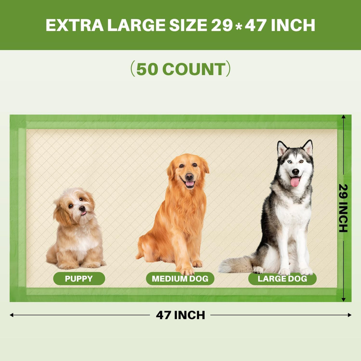 Gardner Pet Dog Pee Pads Extra Large 29"x47", XL Thicker ECO Green Disposable Puppy Training Pads Super Absorbent Full Edge-Wrapping Pad for Dogs, Puppies, Cats, Rabbits (50 Count)