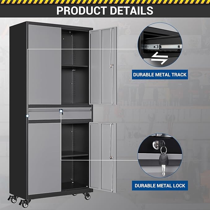 73" Metal Cabinet-Black&Gray Heavy Duty Rolling Storage Cabinet Steel Tool