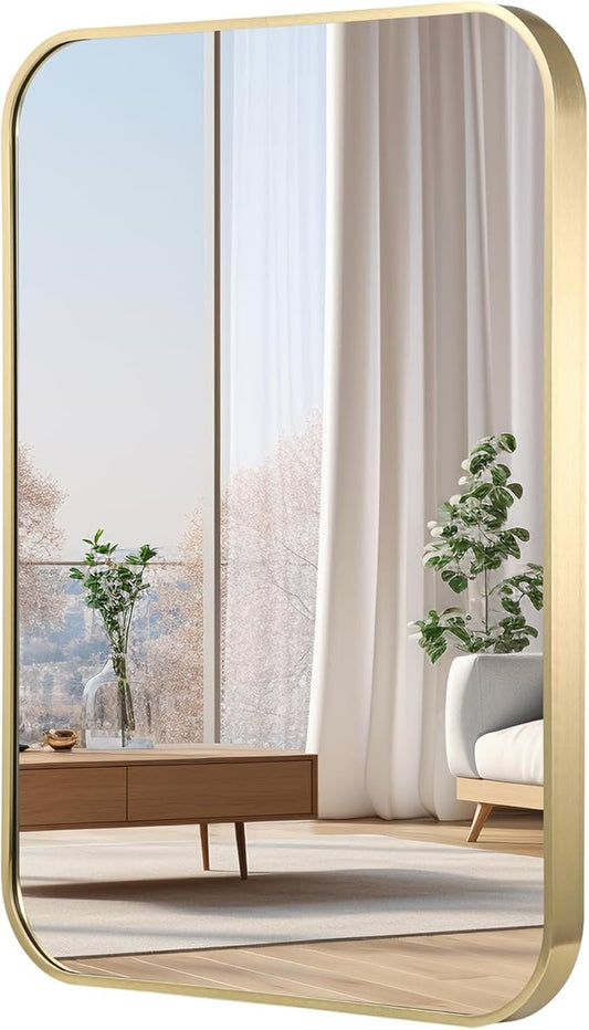 24x32 Inch Gold Bathroom Mirror, Brushed Gold Metal Framed Rectangular Mirror