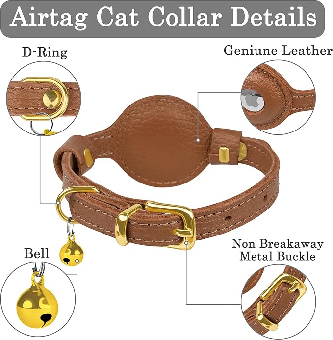 OOPSDOGGY Leather AirTag Cat Collar with Bell - Non Breakaway Kitten Collar with Apple Air Tag Holder - Lightweight GPS Pet Collars for Girl Boy Cats, Small Dogs, Puppies (Brown)